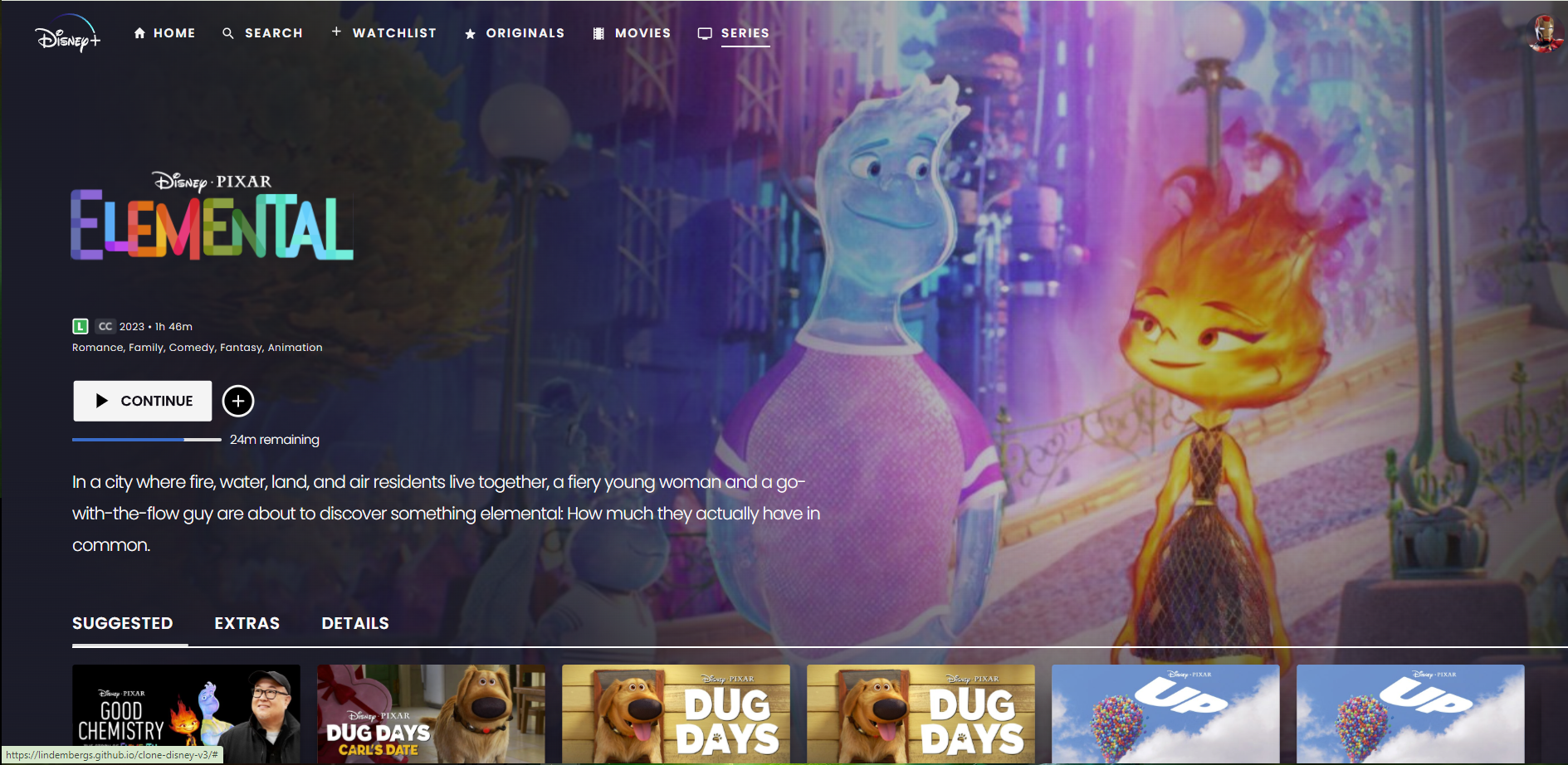 Página do projeto Disney Elemental